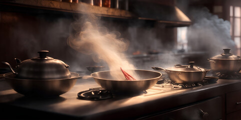 An Asian restaurant kitchen, flame and smoke on the gas stove. Generative AI