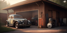 Old Garage Or Shed With A Vintage Car. Generative AI