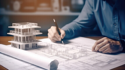 Architects and engineers discussing at table. Person's engineer hand drawing plan on blue print. teamwork and workflow construction concept.