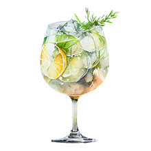 Alcoholic Cocktail Gin Tonic With Ice Cubes, Olives, Lime, Mint Leaves In A Watercolor Technique. Cooling Summer Drink With Ice In A Glass Of Yellow White Color. High Quality Illustration