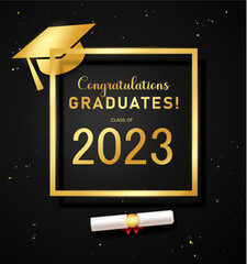 Wall Mural - Congratulations graduates vector template. Class 2023 graduates congratulation text in black and yellow frame space for typography. Vector illustration for graduation greeting background.