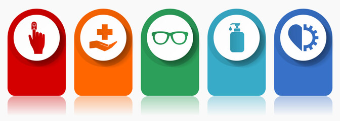 Leinwandbilder - Medical icon set, miscellaneous vector icons such as oximeter, hospital, glasses, soap and heart, modern design infographic template, web buttons in 5 color options