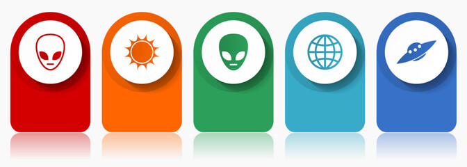 Aufkleber - Alien icon set, miscellaneous vector icons such as star, ufo, space ship and globe, modern design infographic template, web buttons in 5 color options