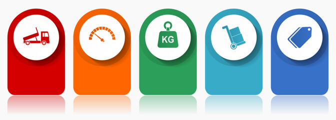Aufkleber - Transport icon set, miscellaneous vector icons such as truck, speedmeter, kg, barrow and ticket, modern design infographic template, web buttons in 5 color options