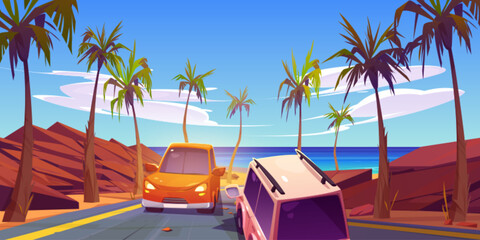 Wall Mural - Desert road car traffic to sea shore cartoon illustration. Rock canyon and ocean coast scenery for curve highway. Sunny western summer roadtrip illustrated banner. Winding route to beach and water