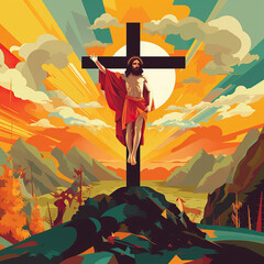 a painting of jesus on the cross with mountains in the background - Generative AI