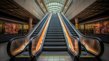 Escalator In The Subway Lobby In A Big City, An Urban Concept, Upward Mobility