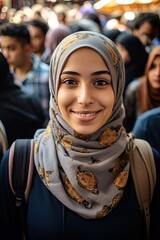 Poster - pretty, beautiful, very attractive middle eastern young woman looking at the camera posing at an Arab city market.