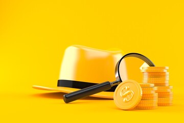 Wall Mural - Detective hat and magnifying glass with stack of coins