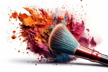 Makeup brush with colorful powder explosion or eyeshadow isolated in white background. generative AI