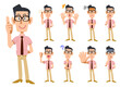 眼鏡をかけた半袖シャツにネクタイ姿の男性の9種類の仕草と表情_全身
