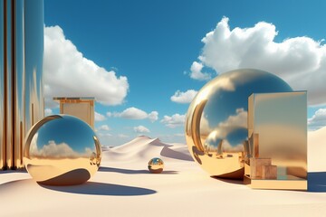 blue circular shaped hole floating in the desert. an arrangement of shapes in a desert with clouds behind. abstract landscape pink sand. Illustration. Generative AI.