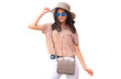 © ty - Smiling hipster trendy girl posing on a transparent background, holding hat.