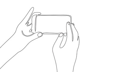 Fototapete - Abstract phone in hands in continuous line art drawing style. Minimalist black linear sketch isolated on white background. Vector illustration
