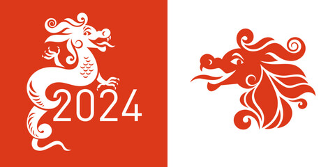 Wall Mural -  Chinese Happy New Year 2024. Year of the Dragon. Symbol of New Year. Logo design, stylized vector  dragon . Greetings card.