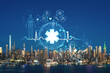 New York City skyline from New Jersey over the Hudson River with the skyscrapers at night, Manhattan, Midtown, USA. Health care digital medicine hologram. The concept of treatment, disease prevention