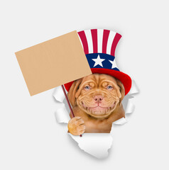 Poster - Smiling Mastiff puppy wearing like Uncle Sam looking through a hole in paper and shows empty placard. isolated on white background