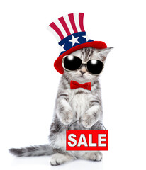 Poster - Cute kitten wearing like Uncle Sam holds signboard with labeled 