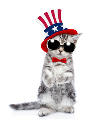 Poster - Cute kitten wearing like Uncle Sam looks at camera. isolated on white background