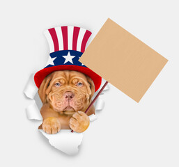 Poster - Serious Mastiff puppy wearing like Uncle Sam looking through a hole in paper and shows empty placard. isolated on white background