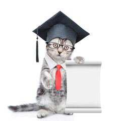Poster - Happy graduated cat wearing necktie standing on hind legs and shows empty list. isolated on white background
