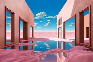 blue circular shaped hole floating in the desert. an arrangement of shapes in a desert with clouds behind. abstract landscape pink sand. Illustration. Generative AI.
