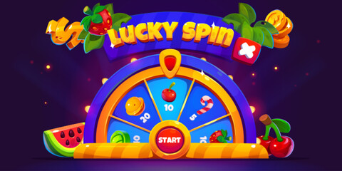 Game lucky spin wheel banner with lottery to win. Casino roulette vector background for mobile app with close button. Golden circle gamble icon with chance for winner. Raffle with arrow illustration