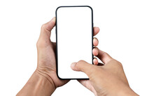 Hand Holding Black Smartphone With White Screen Mockup And Isolated On Transparent Background , PNG File Smartphone Frameless Application Design Concept.