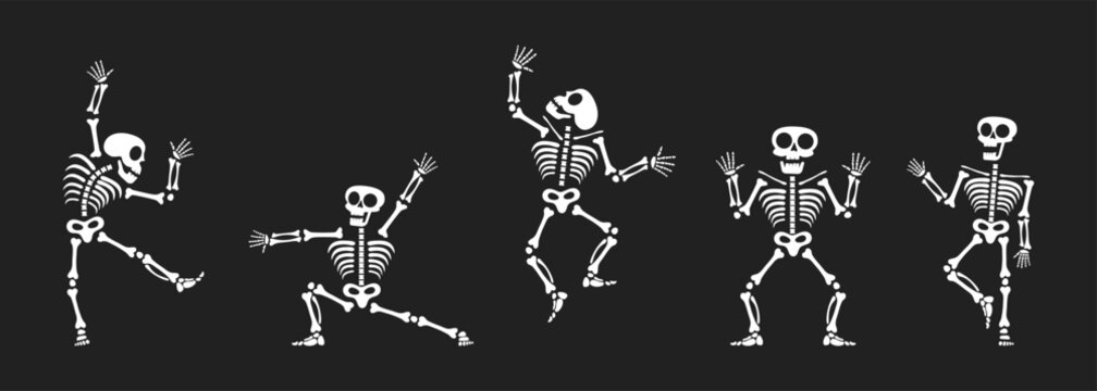 Skeletons dancing with different positions flat style design vector illustration set. Funny dancing Halloween or Day of the dead skeletons collection. Creepy, scary human bones characters silhouettes.