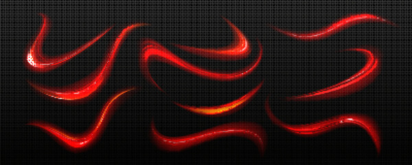 Poster - Red light lines, effect of speed motion trails. Abstract streaks of fast flash movement, blurred glow at night, vector realistic set isolated on transparent background