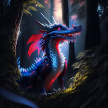 Amature Gentle Grin At Us With Affectin White-red-black-blue Anthro Mano Glowing Frilled Dragon In Drak Forest  And Light Sky 3D