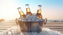 Three Beer Bottles In Bucket Full Of Ice Cubes Beach Generative AI