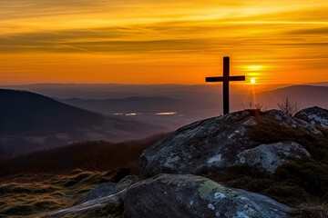 The cross of God in the rays of the sun. Cross on the hill. Religious concept	