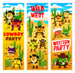 Cartoon western cowboy, sheriff and robber fruits characters on Wild West. Kids holiday western party vector vertical banners with mango, apple, plum, lemon and pineapple, guava cute cowboy personages