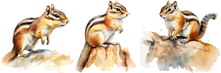 Wall Mural - Collection of three watercolour paintings of a chipmunk isolated on white background as transparent PNG, generative AI animal clipart bundle