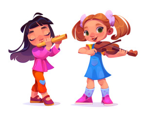 Cartoon girls playing violin and flute isolated on white background. Vector illustration of happy children with music instruments performing at school concert, rehearsal before talent show, art hobby