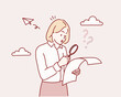 © autumnn - woman searching for something, looking left through magnifying glass and smiling pleased, investigating. Hand drawn style vector design illustrations.