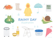 Rain Day Object Collection Set. Simple Illustration In Flat Design Style.