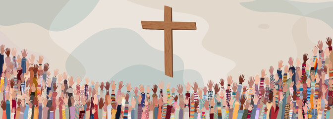 Wall Mural - Group many Christians people with raised hands praying or singing.Christianity in the world.Christian worship.Concept of faith and hope in Jesus Christ.Background with wooden crucifix