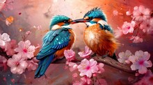 Two Kingfishers Sitting On A Branch With Pink Sakura Flowers. Generative AI