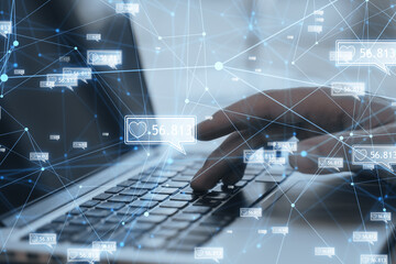 Aufkleber - Concept of network and internet communication. Close up of male hands using laptop keyboard with creative polygonal likes network on blurry background. Double exposure.