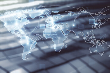 Aufkleber - Abstract graphic digital world map hologram with connections on abstract metal background, globalization concept. Multiexposure
