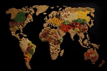 feeding the world sustainably, how can the world be fed in future. world map made from different foo