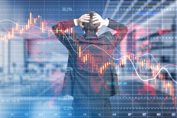 Poster - Economy recession and crisis concept with confused trader back view looking at digital falling down red financial chart candlestick and diagram on background, double exposure