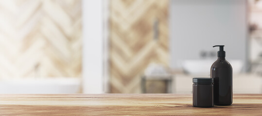 Poster - Empty wooden table top in bathroom interior with blurred background and black bathroom accessories, product presentation concept, mockup. 3D rendering