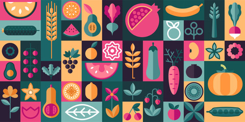 Geometric organic food. Nature abstraction background with farm fresh food and stylized vegetables, eco restaurant menu brochure design. Vector illustration