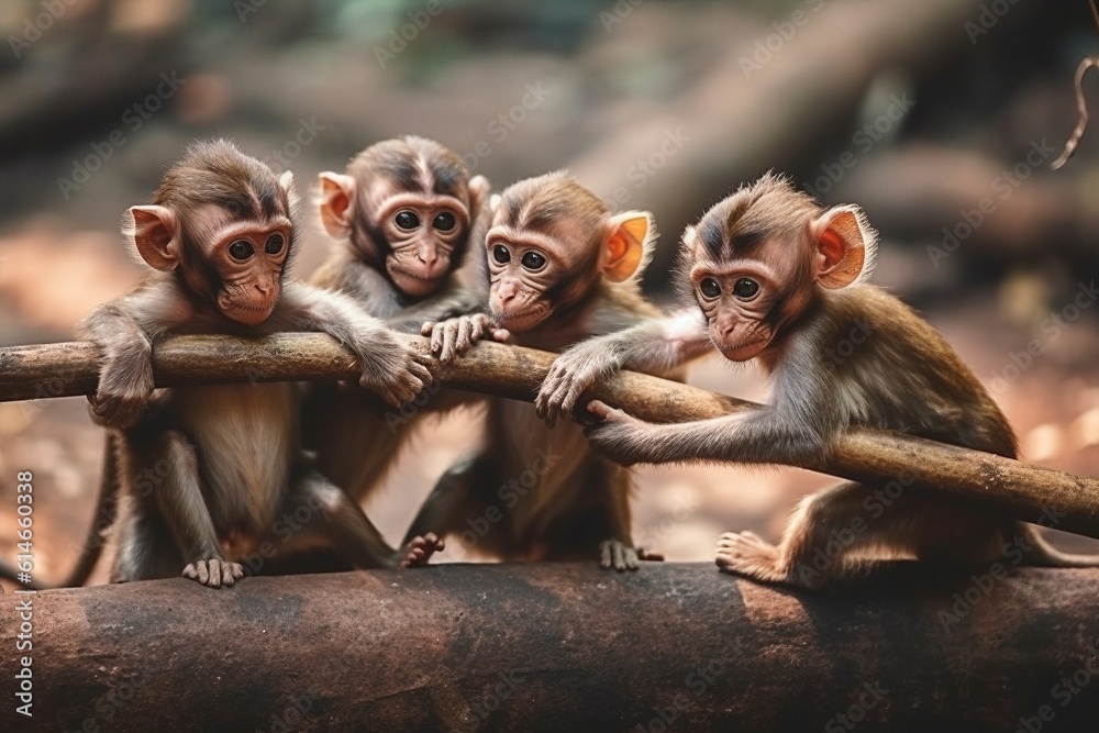 Monkey Gathering: Five Playful Primates on Wooden Poles
