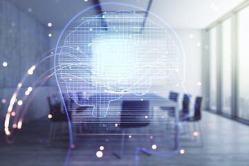Poster - Double exposure of creative artificial Intelligence hologram on a modern meeting room background. Neural networks and machine learning concept