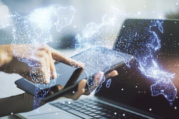 Poster - Double exposure of abstract digital world map and finger clicks on a digital tablet on background, big data and blockchain concept