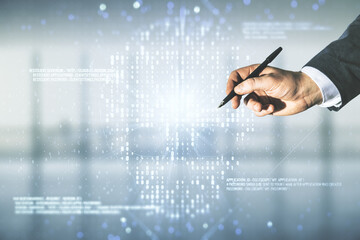 Poster - Male hand with pen working with abstract virtual creative code skull hologram on blurred office background, theft of personal data and malware concept. Multiexposure
